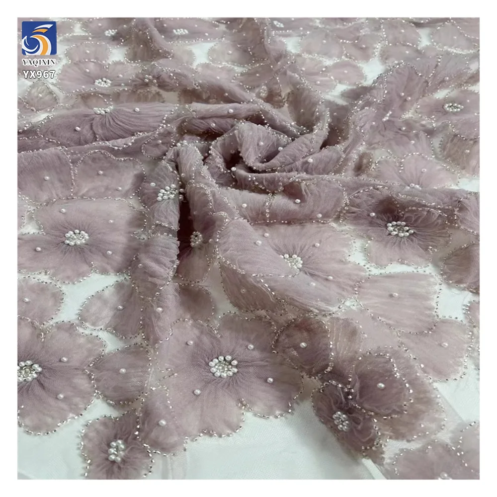 YX967-2 Cheap and Low-Priced 3D Flowers Plain Embroidery Tulle Mesh Fabric With White Pearls 3D Tulle Dress Fabrics for Girl