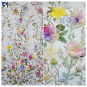 YX1265 Competitive Prices Embroidered Textile Tulle Fabrics Poly Multi-Color Candy Hand Embroidery 3D Flower Dress Fabric