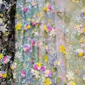 YX1265 Competitive Prices Embroidered Textile Tulle Fabrics Poly Multi-Color Candy Hand Embroidery 3D Flower Dress Fabric