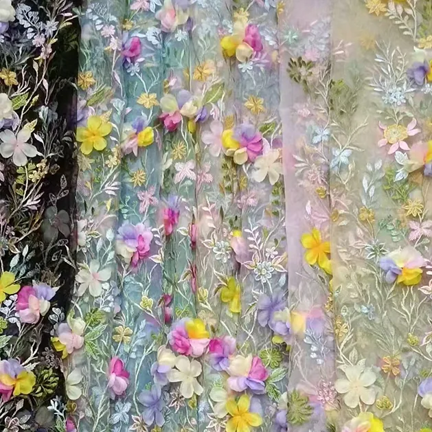 YX1265 Competitive Prices Embroidered Textile Tulle Fabrics Poly Multi-Color Candy Hand Embroidery 3D Flower Dress Fabric