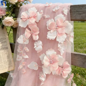 YX218 Hot Selling Wholesale Price Pearl Embroidery Handmade 3D Flower Fabric Polyester Mesh Dress Fabric