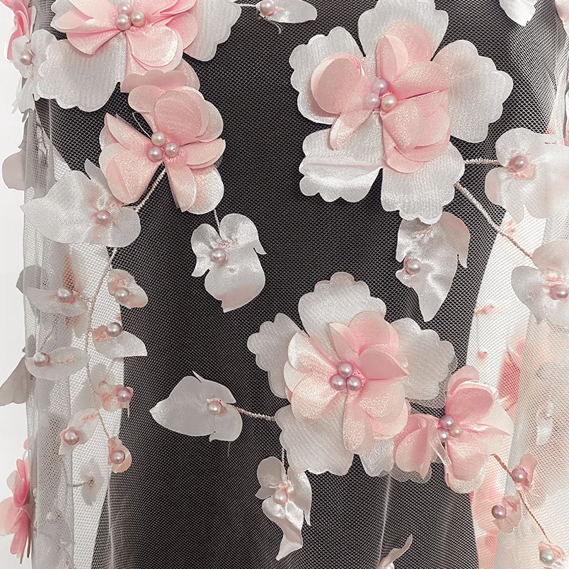 YX218 Hot Selling Wholesale Price Pearl Embroidery Handmade 3D Flower Fabric Polyester Mesh Dress Fabric