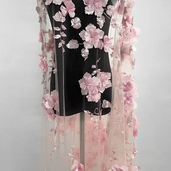 YX218 Hot Selling Wholesale Price Pearl Embroidery Handmade 3D Flower Fabric Polyester Mesh Dress Fabric