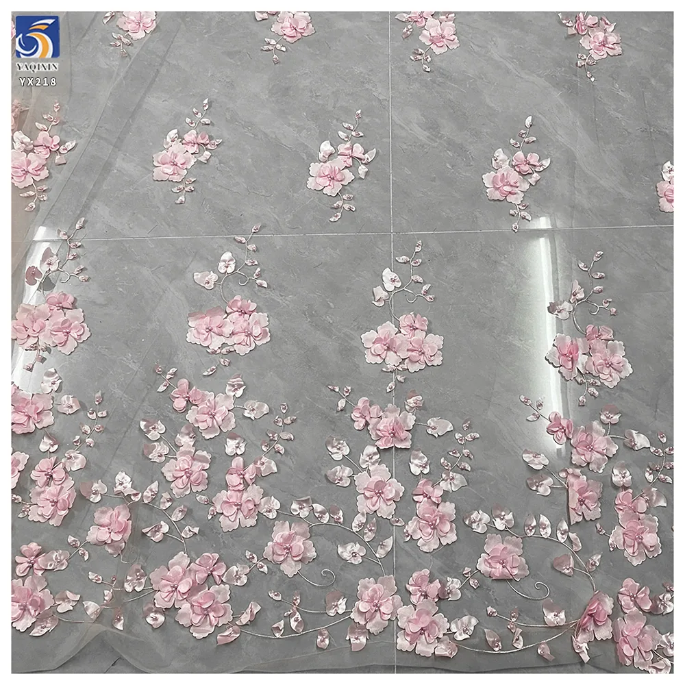 YX218 Hot Selling Wholesale Price Pearl Embroidery Handmade 3D Flower Fabric Polyester Mesh Dress Fabric
