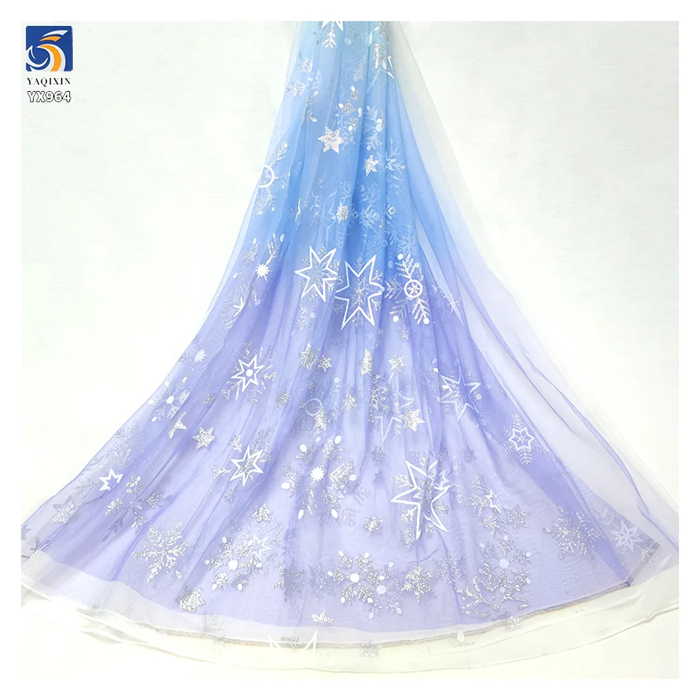 YX964 Stars Print Mesh Princess Dress Fabric Girl Poncho Dress Purple Blue Gradient Tulle Fabric With Silver Star Print