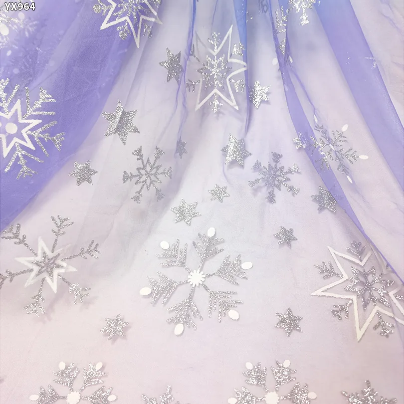 YX964 Stars Print Mesh Princess Dress Fabric Girl Poncho Dress Purple Blue Gradient Tulle Fabric With Silver Star Print