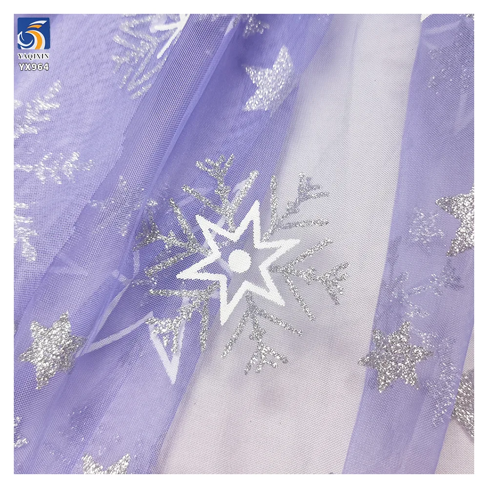 YX964 Stars Print Mesh Princess Dress Fabric Girl Poncho Dress Purple Blue Gradient Tulle Fabric With Silver Star Print