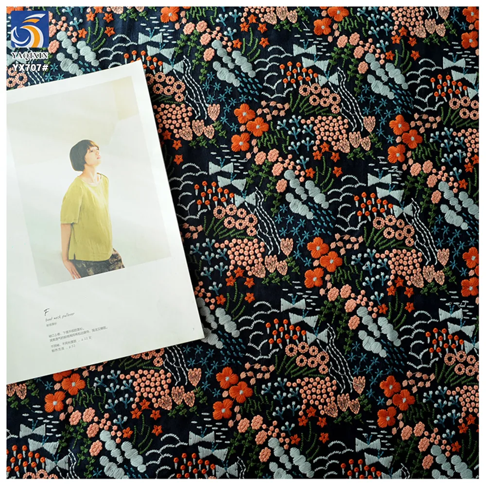 YX707 French Fashion Colorful Florals Embroidery Cotton Fabric 250gsm Ramie Cotton Embroidery Fabric for Home Textile
