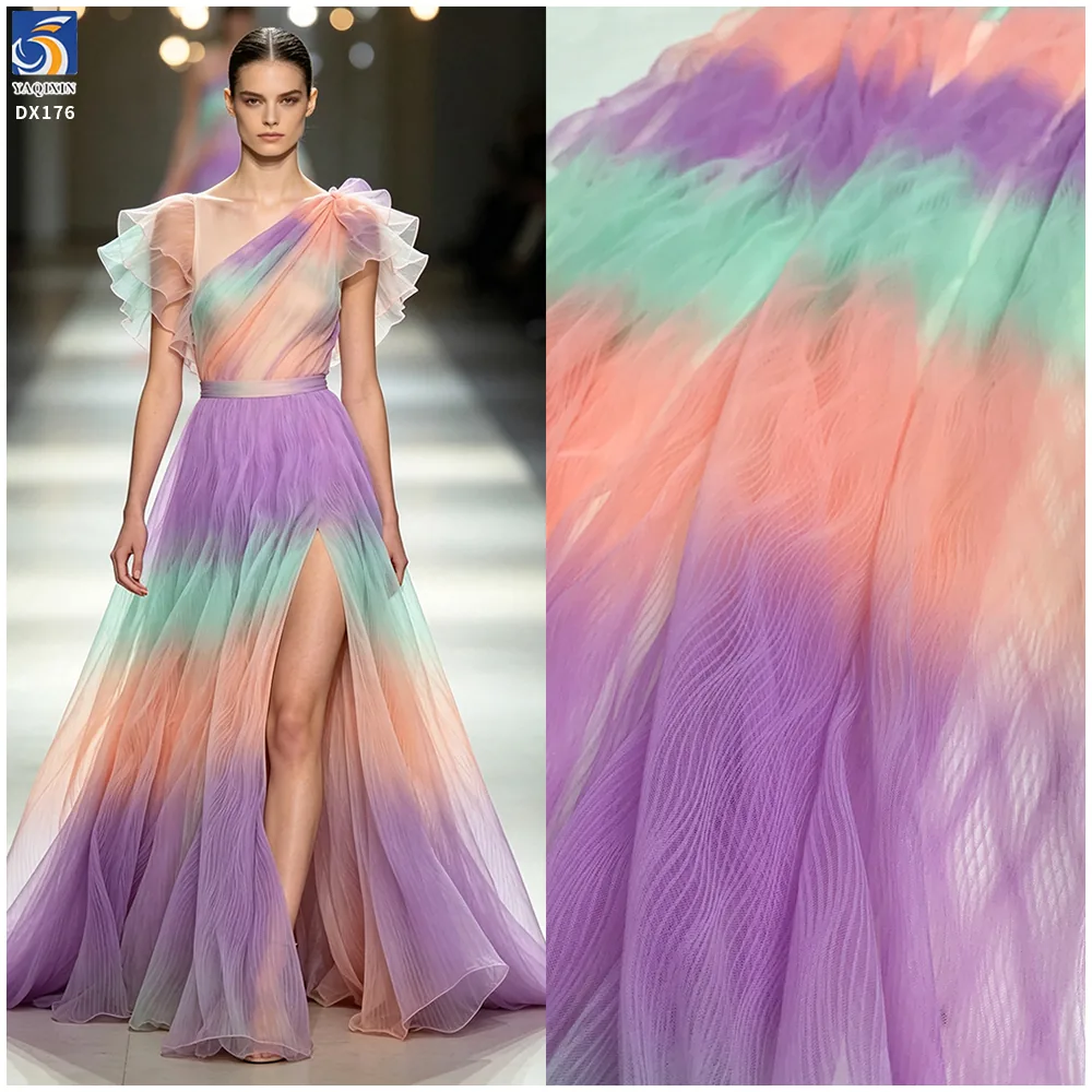 2025 New Rainbow Digital Printed Tulle Pleated Crepe Mesh Fabric for Party Dress
