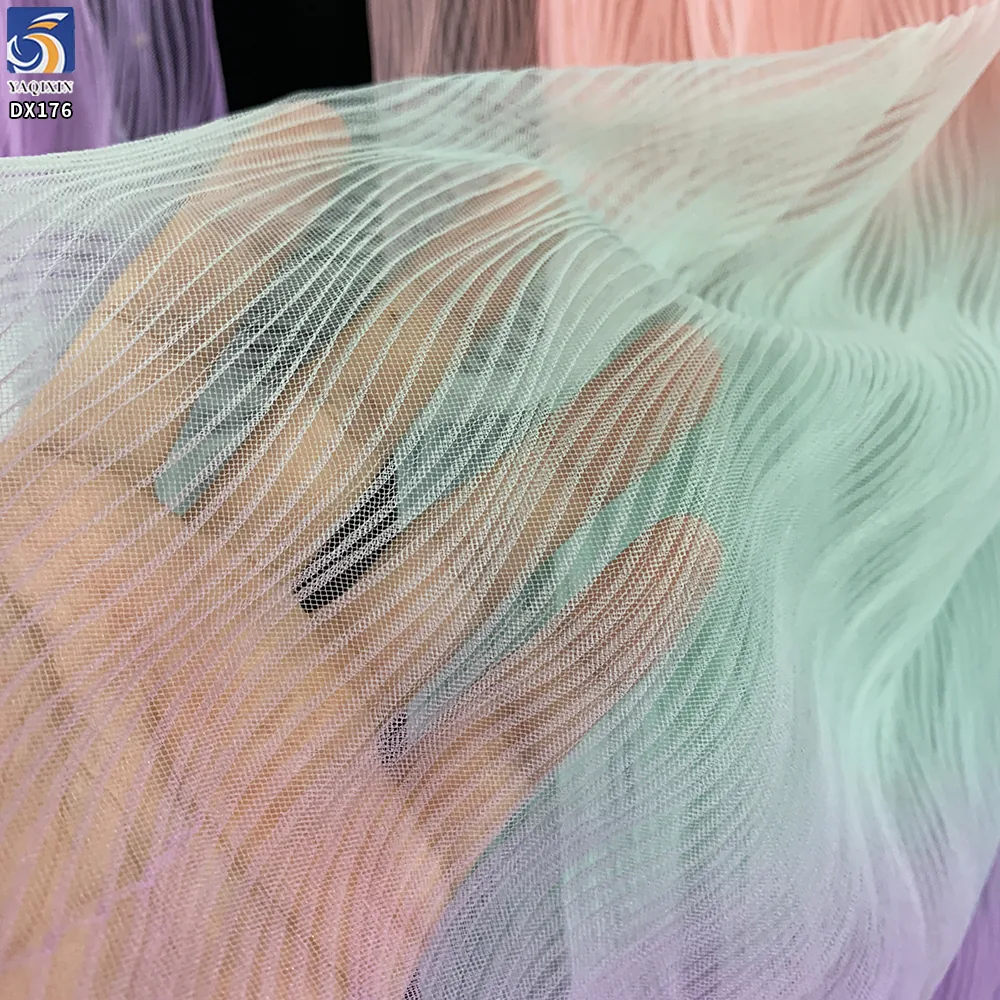 2025 New Rainbow Digital Printed Tulle Pleated Crepe Mesh Fabric for Party Dress
