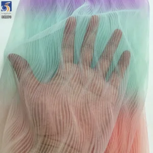 2025 New Rainbow Digital Printed Tulle Pleated Crepe Mesh Fabric for Party Dress