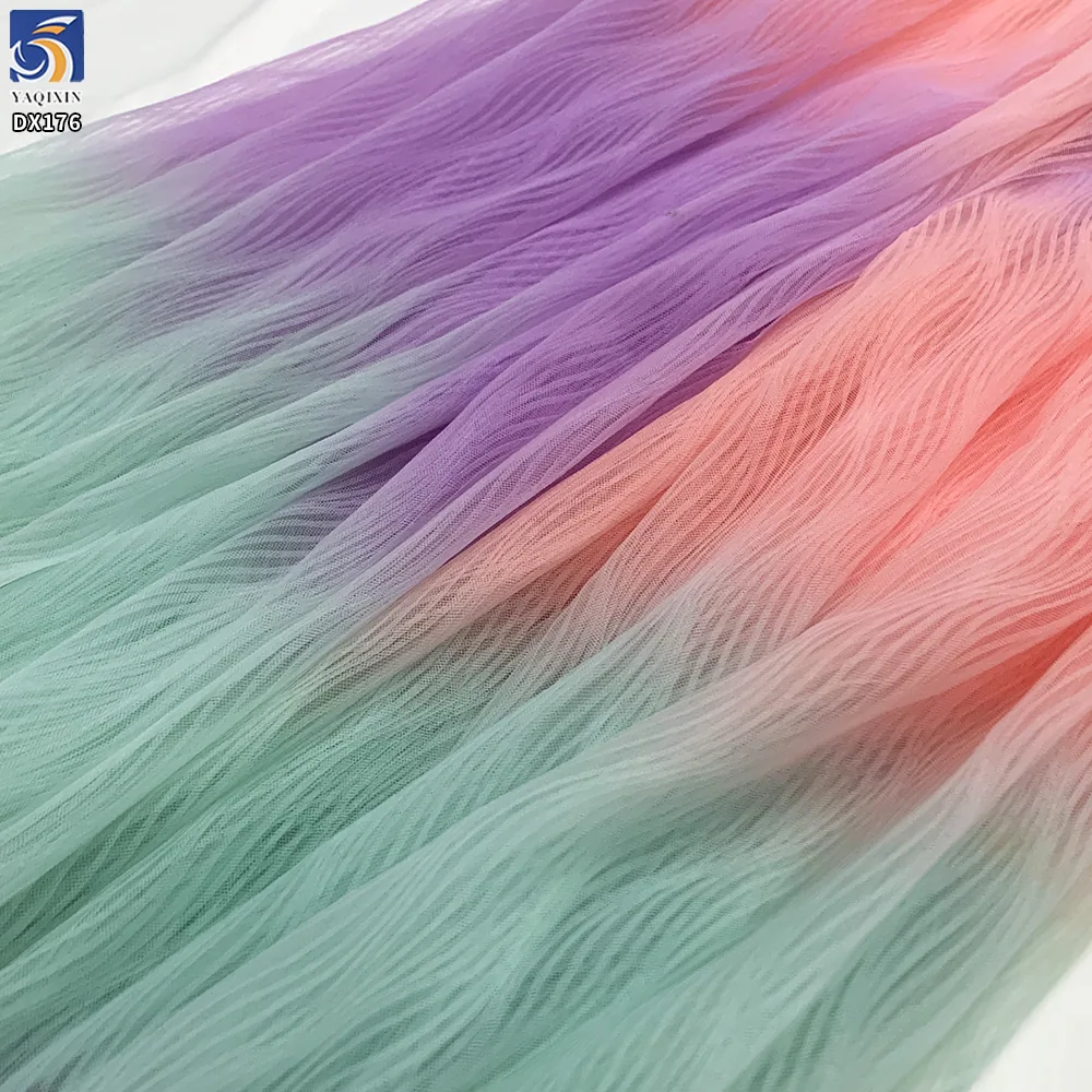 2025 New Rainbow Digital Printed Tulle Pleated Crepe Mesh Fabric for Party Dress