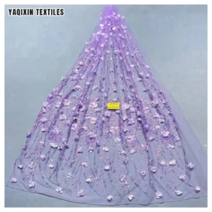Hot Selling Wholesale Price 3D Floral Flower Tulle Lace Embroidered Fabric White Glitter Wedding Lace Fabric Sales by Yards