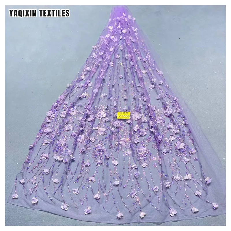 Hot Selling Wholesale Price 3D Floral Flower Tulle Lace Embroidered Fabric White Glitter Wedding Lace Fabric Sales by Yards
