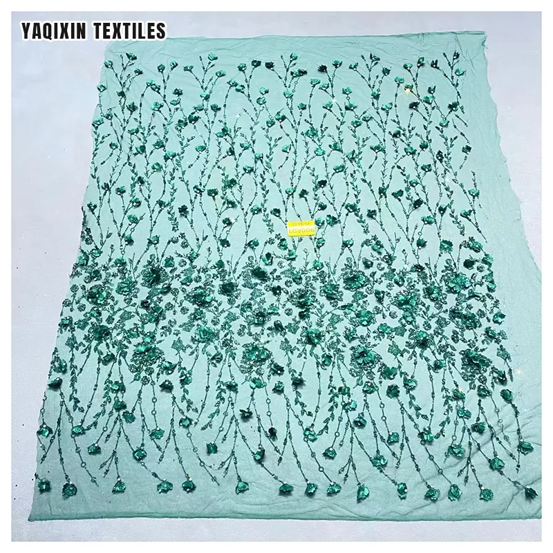 Hot Selling Wholesale Price 3D Floral Flower Tulle Lace Embroidered Fabric White Glitter Wedding Lace Fabric Sales by Yards