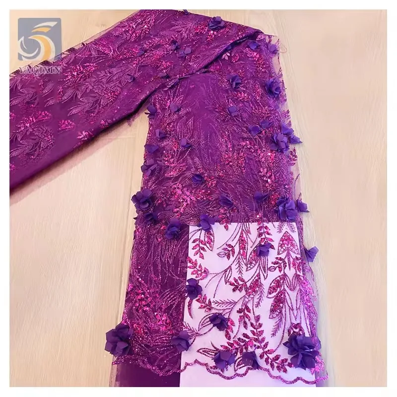 Direct Sales Wholesale Price 3D Flower Lace Fabric Bridal Nigerian African Purple Crystal Glitter Lace Sequins Fabric Mesh