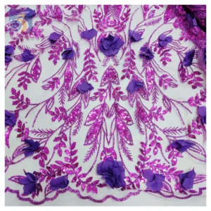 Direct Sales Wholesale Price 3D Flower Lace Fabric Bridal Nigerian African Purple Crystal Glitter Lace Sequins Fabric Mesh
