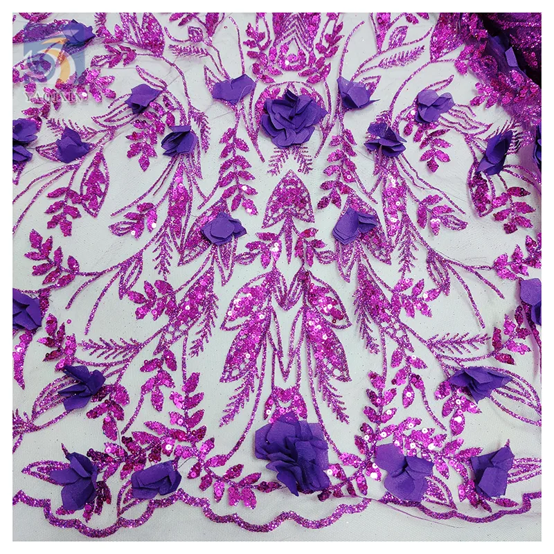 Direct Sales Wholesale Price 3D Flower Lace Fabric Bridal Nigerian African Purple Crystal Glitter Lace Sequins Fabric Mesh