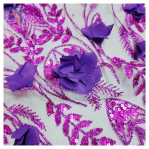 Direct Sales Wholesale Price 3D Flower Lace Fabric Bridal Nigerian African Purple Crystal Glitter Lace Sequins Fabric Mesh