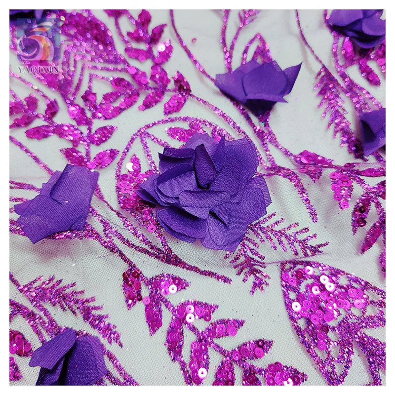 Direct Sales Wholesale Price 3D Flower Lace Fabric Bridal Nigerian African Purple Crystal Glitter Lace Sequins Fabric Mesh