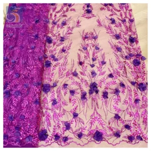 Direct Sales Wholesale Price 3D Flower Lace Fabric Bridal Nigerian African Purple Crystal Glitter Lace Sequins Fabric Mesh