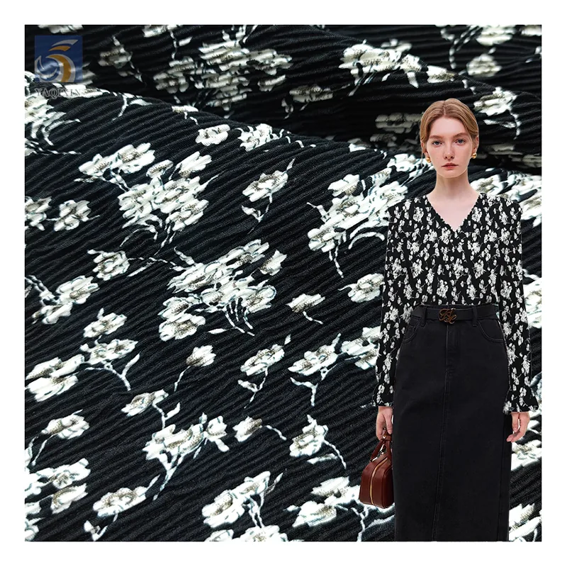 Middle East Design Black White Floral Printed Polyester Pleated Chiffon Fabric Abaya Chiffon Crepe Print Fabric