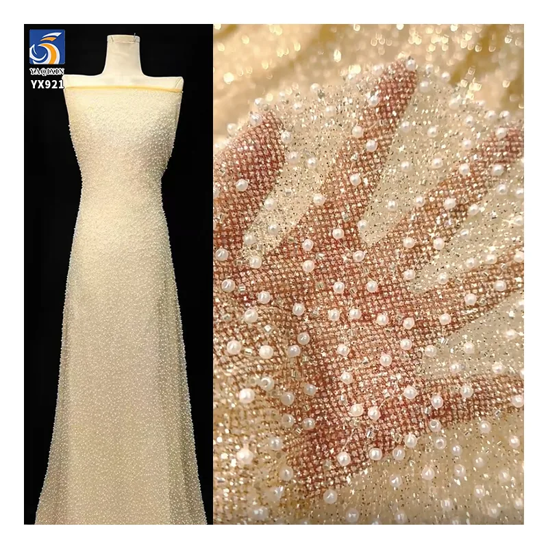 YX921 2026 High-end Heavyweight Beige Glitter Tulle Fabric With Beads Knitted 3D Pearls Mesh Bridal Wedding Dress Fabric