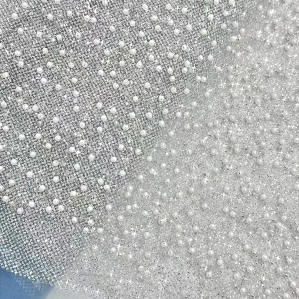 YX921 2026 High-end Heavyweight Beige Glitter Tulle Fabric With Beads Knitted 3D Pearls Mesh Bridal Wedding Dress Fabric