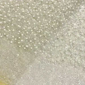 YX921 2026 High-end Heavyweight Beige Glitter Tulle Fabric With Beads Knitted 3D Pearls Mesh Bridal Wedding Dress Fabric