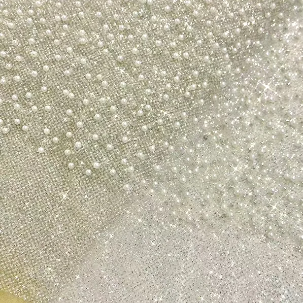 YX921 2026 High-end Heavyweight Beige Glitter Tulle Fabric With Beads Knitted 3D Pearls Mesh Bridal Wedding Dress Fabric