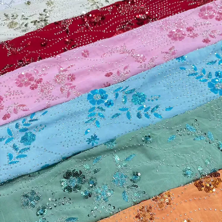 YX1297 260gsm Stretch Knitted Mesh Sequin Fabric With Beaded Embroidery Rose Gold Sequins Lace Fabric for High-end Bag Skirt