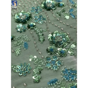 YX1297 260gsm Stretch Knitted Mesh Sequin Fabric With Beaded Embroidery Rose Gold Sequins Lace Fabric for High-end Bag Skirt