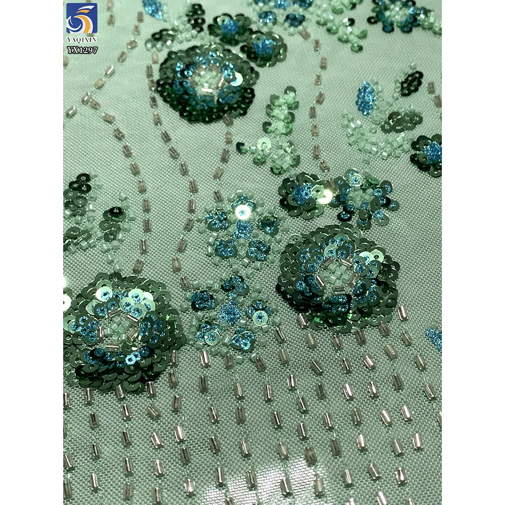 YX1297 260gsm Stretch Knitted Mesh Sequin Fabric With Beaded Embroidery Rose Gold Sequins Lace Fabric for High-end Bag Skirt