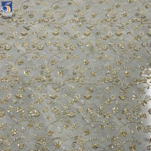 YX1524 2026 Wholesale Champagne Gold Shiny Floral Beaded Sequin Lace Fabric Heavy Embroidered Mesh Tulle for Evening Dress
