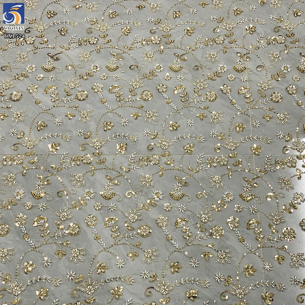 YX1524 2026 Wholesale Champagne Gold Shiny Floral Beaded Sequin Lace Fabric Heavy Embroidered Mesh Tulle for Evening Dress