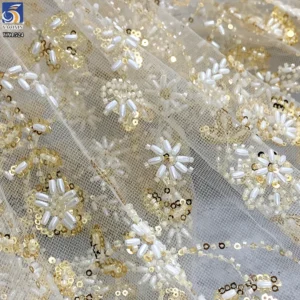YX1524 2026 Wholesale Champagne Gold Shiny Floral Beaded Sequin Lace Fabric Heavy Embroidered Mesh Tulle for Evening Dress