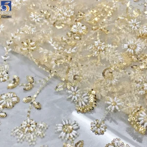 YX1524 2026 Wholesale Champagne Gold Shiny Floral Beaded Sequin Lace Fabric Heavy Embroidered Mesh Tulle for Evening Dress