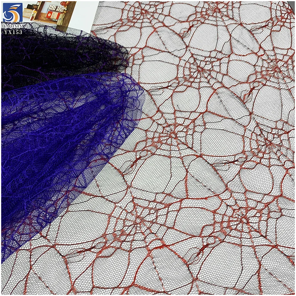 YX153  Wholesale Halloween Tulle Fabric by the Yard Purple Spiderweb Design 100% Polyester Mesh Jacquard Fabric for Halloween