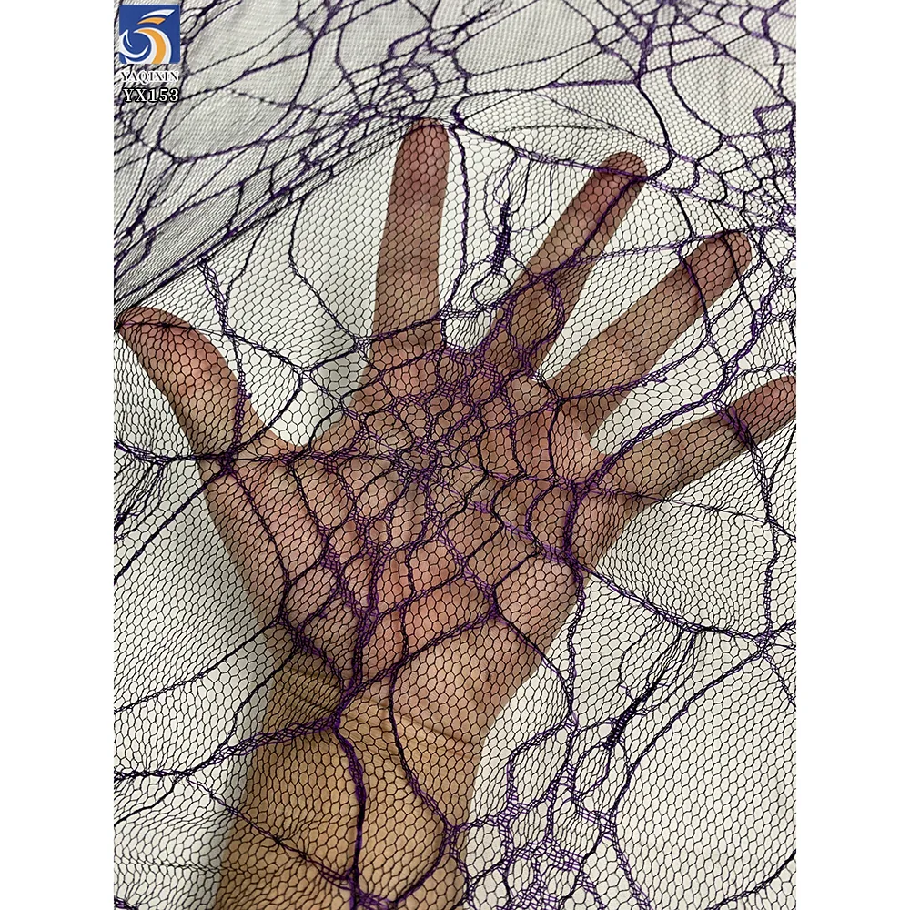 YX153  Wholesale Halloween Tulle Fabric by the Yard Purple Spiderweb Design 100% Polyester Mesh Jacquard Fabric for Halloween