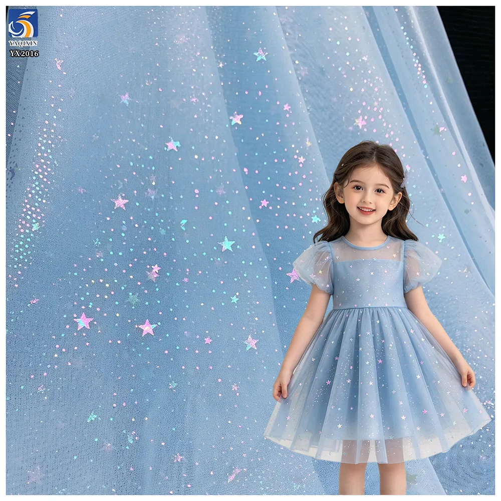 Factory Direct Meteor Shower Print Illusion Flash Tulle Foil Film Printed Fabric Children's Clothing Fashion Design