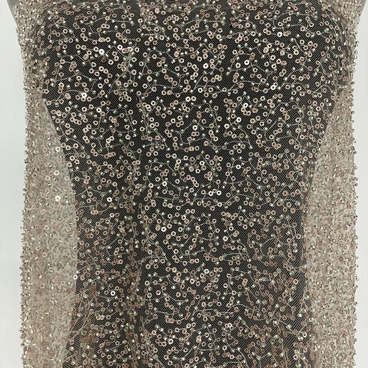 YX1220 Cheap Champagne-Colored Sequin Lace Fabric With Beaded Embroidery High Density Glitter Lace Fabric for Women