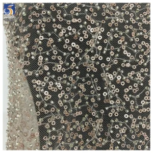 YX1220 Cheap Champagne-Colored Sequin Lace Fabric With Beaded Embroidery High Density Glitter Lace Fabric for Women