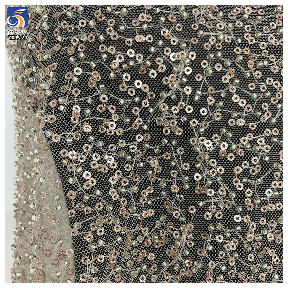 YX1220 Cheap Champagne-Colored Sequin Lace Fabric With Beaded Embroidery High Density Glitter Lace Fabric for Women