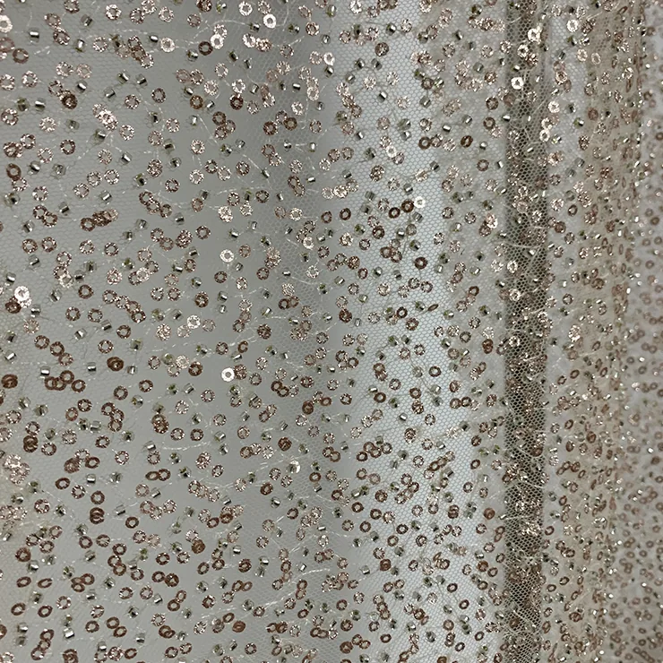 YX1220 Cheap Champagne-Colored Sequin Lace Fabric With Beaded Embroidery High Density Glitter Lace Fabric for Women
