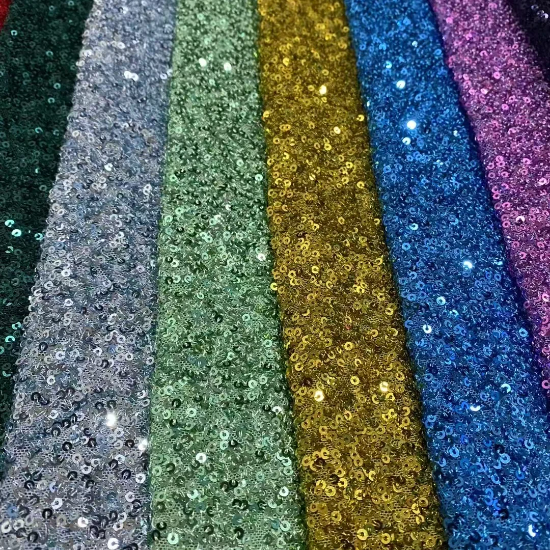 2026 Stretch Mesh Knitted Dense Shiny Glitter 5MM Sequins Fabric Embroidered Sequin Stretch Fabric