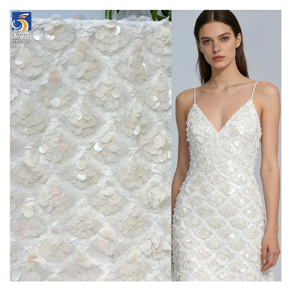 YX1422 280gsm Newly Launched White Fish Scale Design 10mm Big Transparent Sequins Fabric for Fashion Women's Skirt