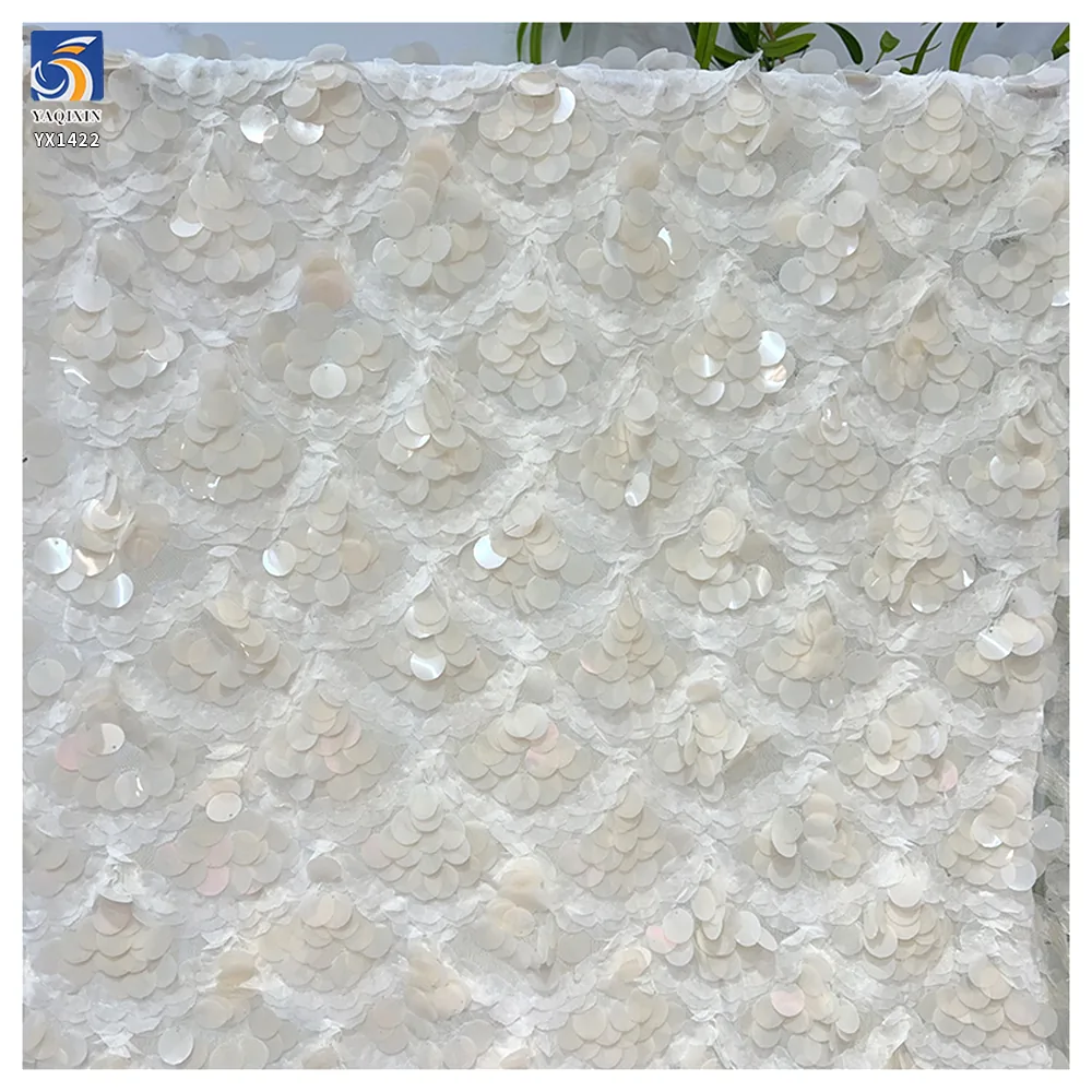 YX1422 280gsm Newly Launched White Fish Scale Design 10mm Big Transparent Sequins Fabric for Fashion Women's Skirt