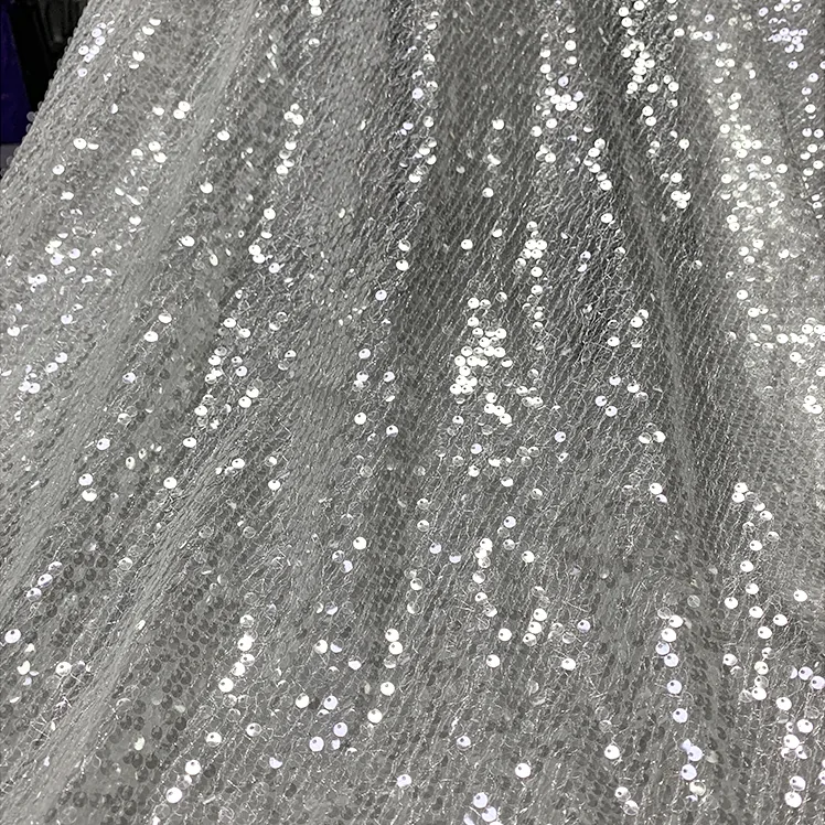 YX1132 High-Quality Glitter Knitted Mesh Transparent Sequin Fabric 5mm Size Sequins Fabrics and Textiles for Women's Clothing