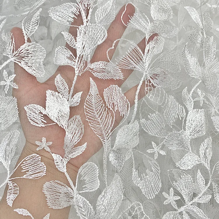 YX1278 10 Yards Low Price Cheap White Tulle Fabric Lace Water-Soluble Embroidery Leaf Pattern Lace Fabric for Chinese Brides
