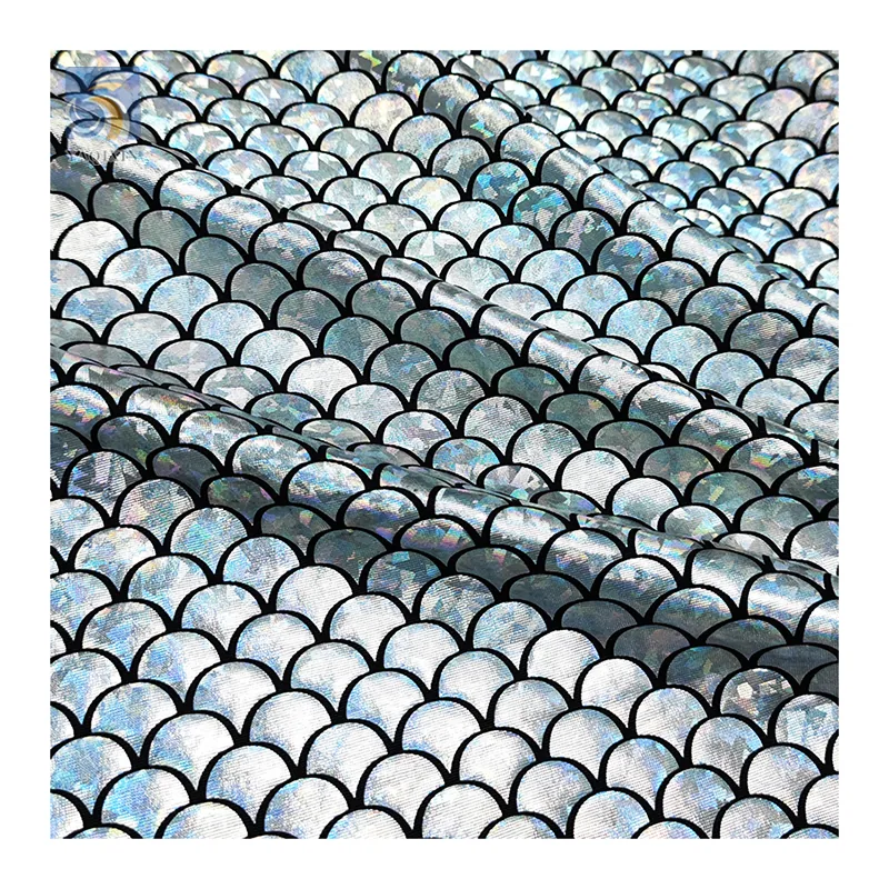 Foil Printed Glitter Fish Scale Pattern Stage Dress Shiny Stretch Fabric Novel Design Mermaid for Child Custom Spandex Fabric